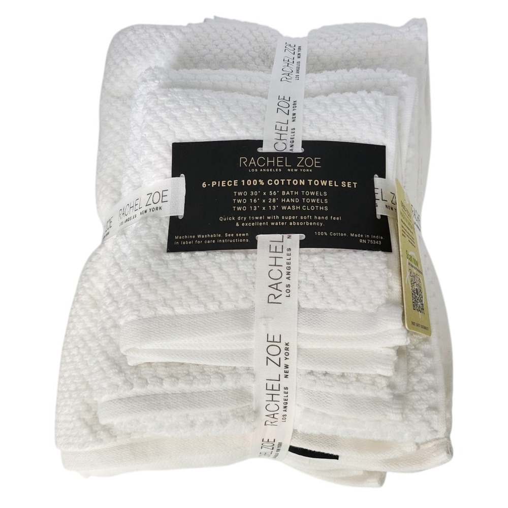 Rachel Zoe 6pc White Cotton Towel Set 2 Bath 2 Hand 2 Washcloths